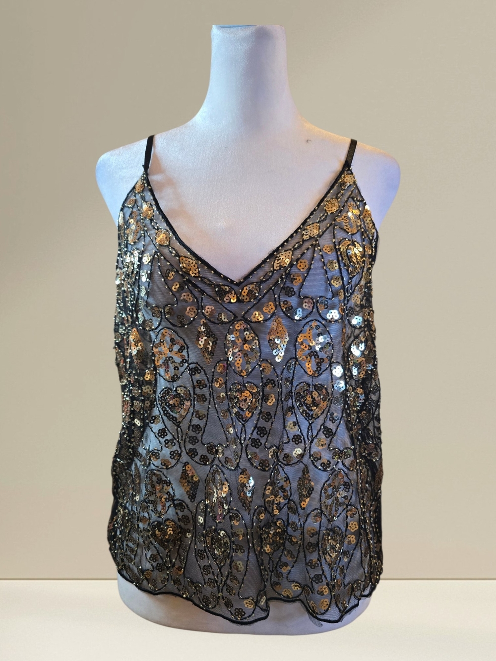 Gold Sequin Embellished Black Mesh Cami Top - Picture 2 of 4